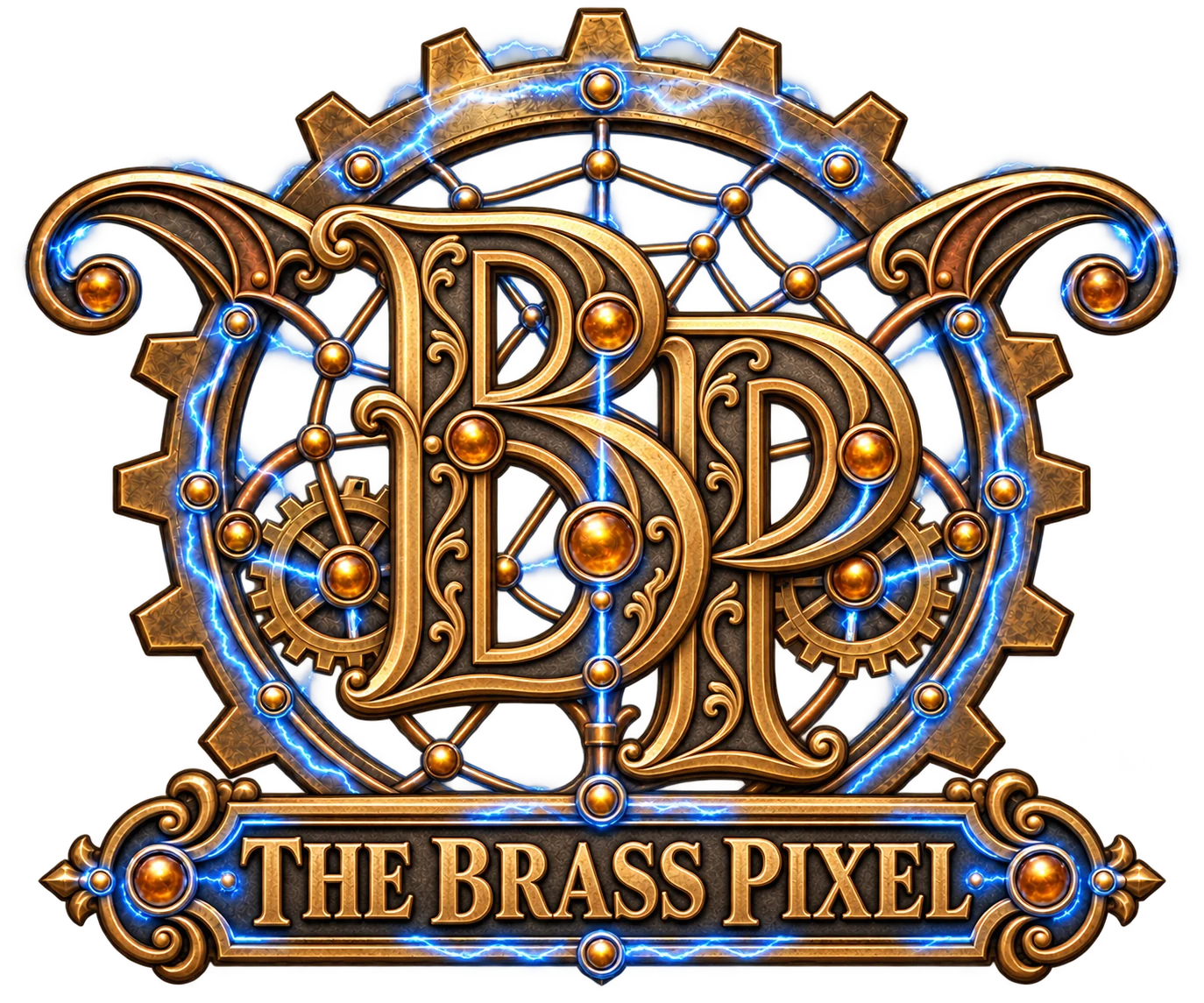 Ornate The Brass Pixel BP emblem with engraved brass gears and electric-blue accents